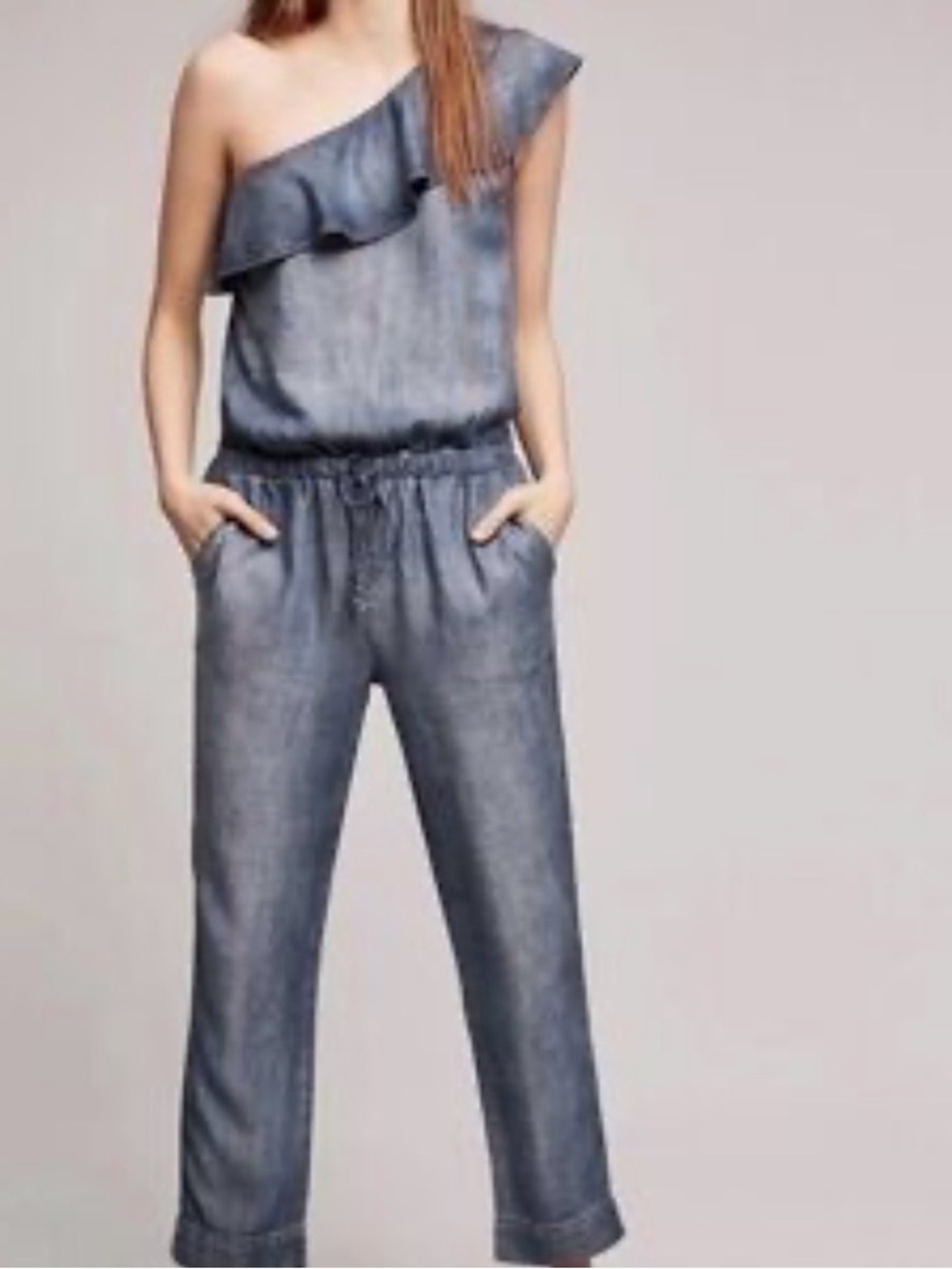 Anthropologie cloth & stone One-Shoulder Ruffle Jumpsuit in Chambray Blue